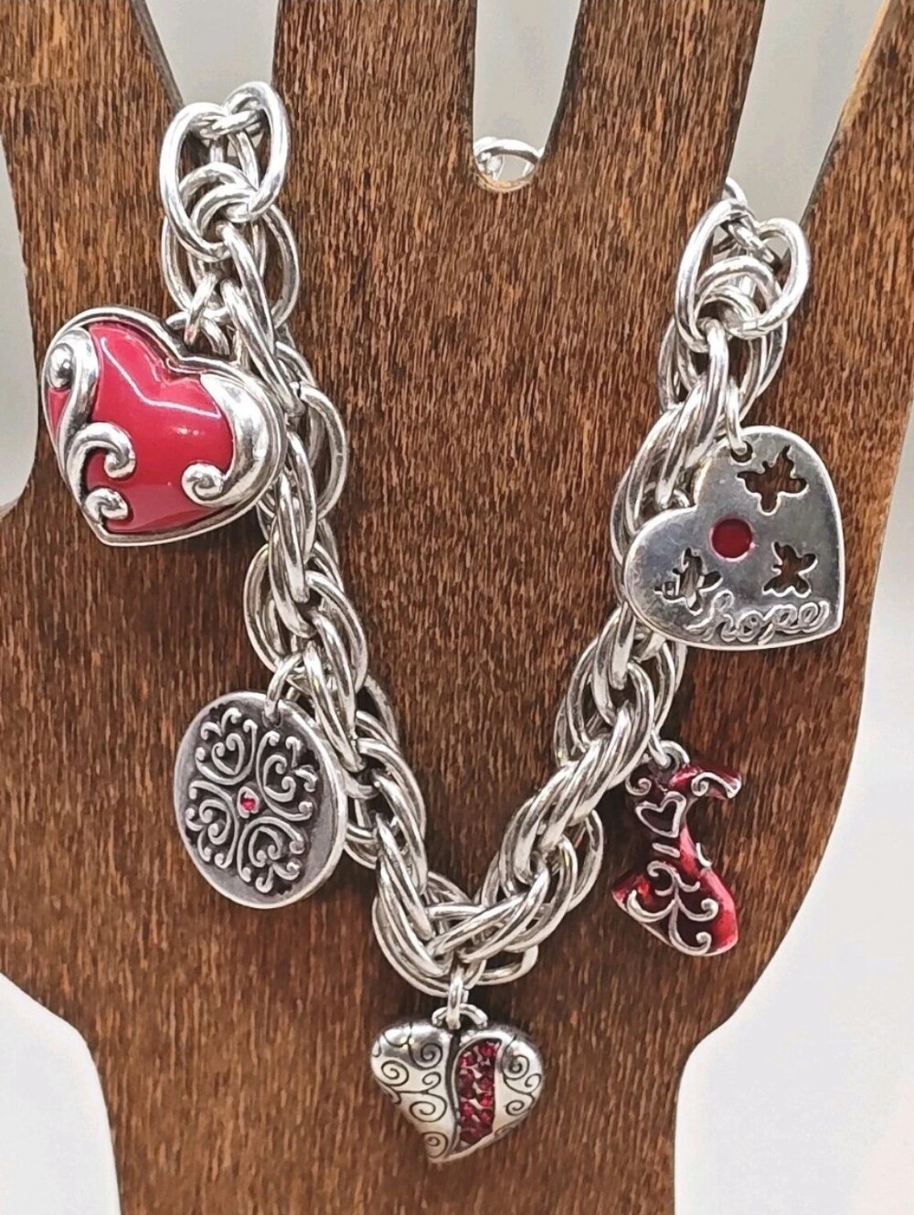 Brighton Charm Bracelet Go Red Enamel Heart Butterfly Silver Plated Rope Chain - Picture 13 of 13